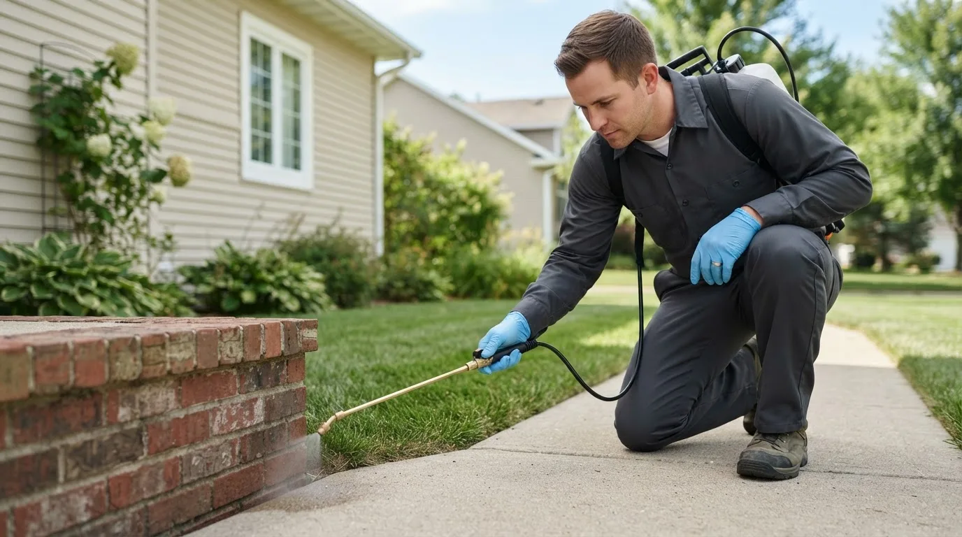 Pest control technician treating a home near Crossville, AL
